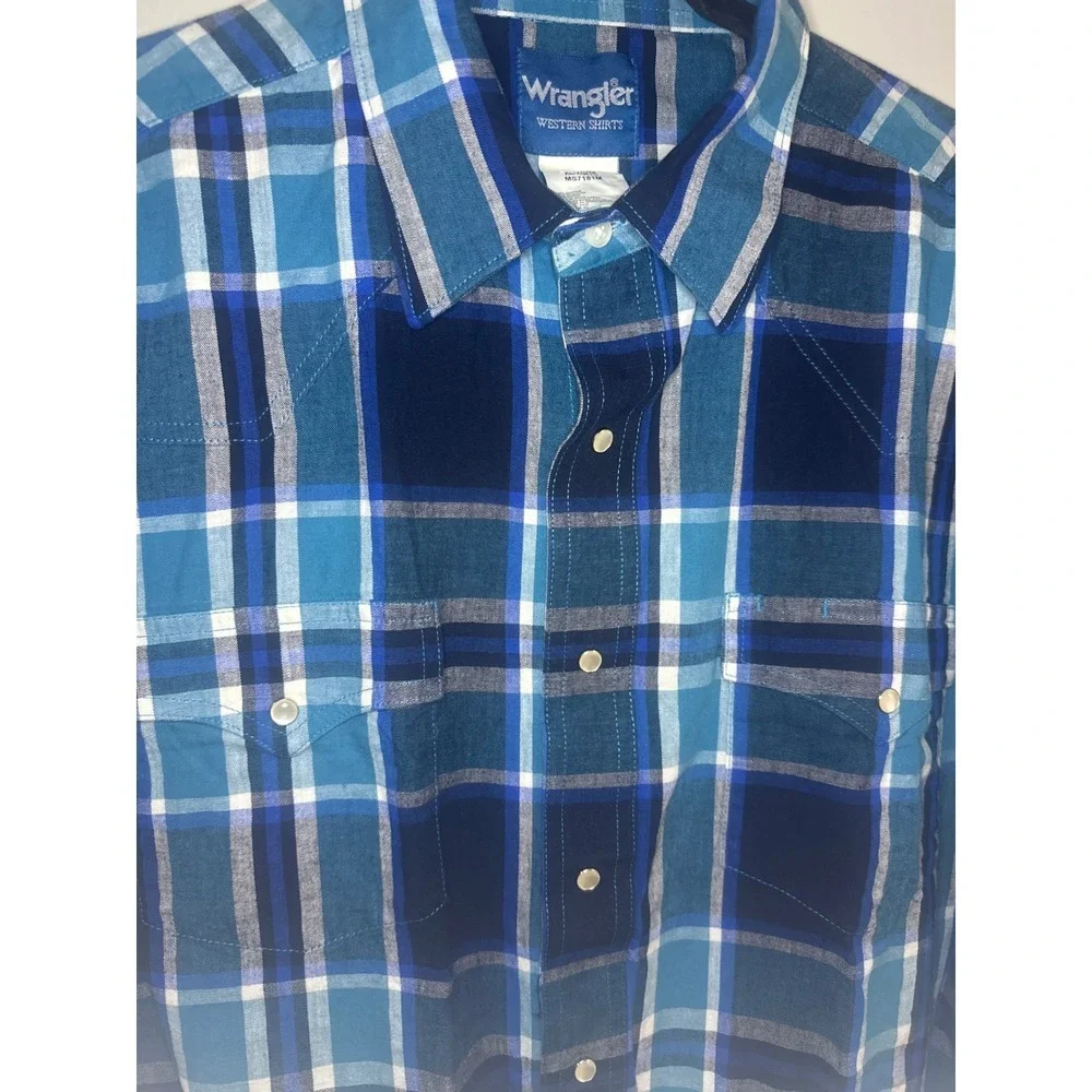 Vintage 90's Wrangler Western Shirt Blue Plaid‎ Pearl Snap Button Down XL